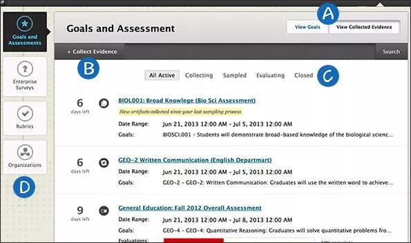 The Evidence Assessment Dashboard. Buttons to switch between View Goals and View Collected Evidence are marked with A. The button to Collect Evidence is marked with B. Tabs that allow you to view collected evidence by status are marked with C. Navigation between Goals and Assessments and other tools is marked with D.
