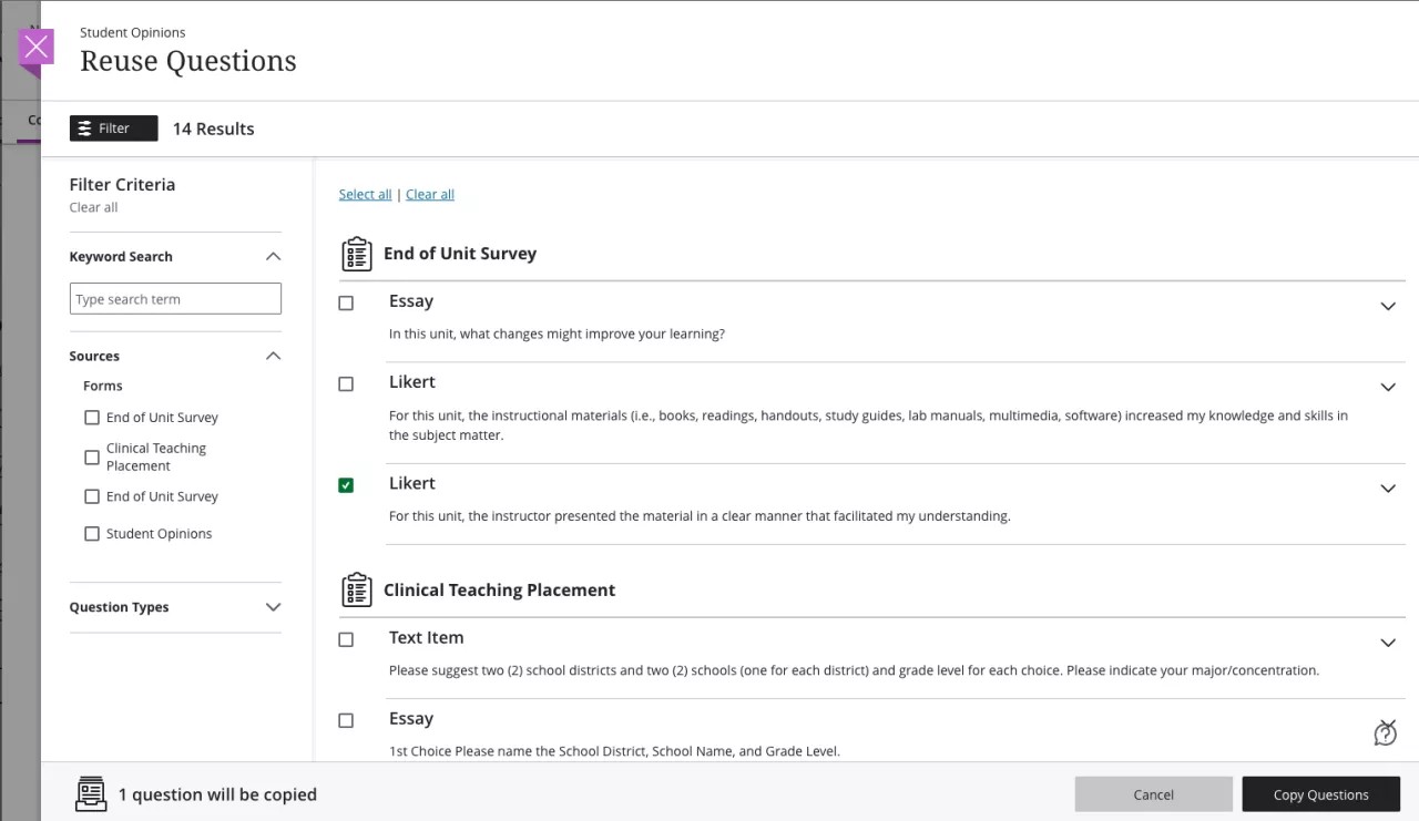 Filter criteria for question reuse in Forms