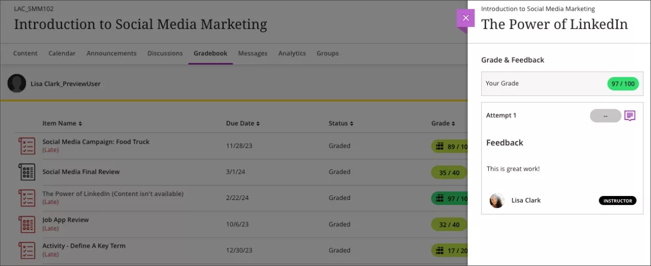 tudent gradebook view with display of student’s feedback and grade regardless of the release condition setting in Image 1