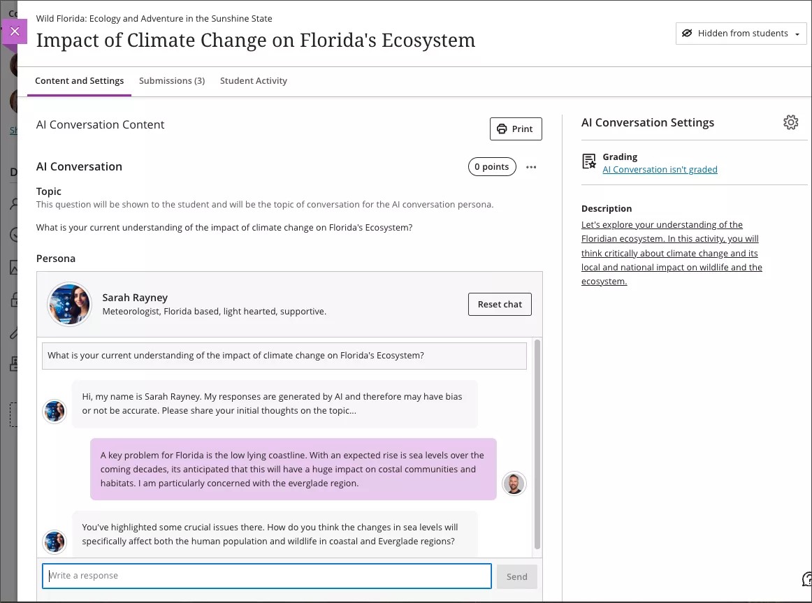 Instructor preview of what an AI conversation will look like to students