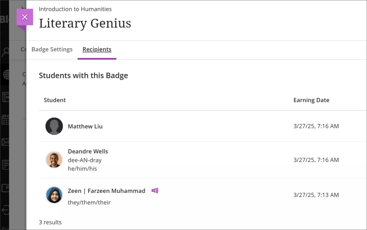 The Recipients page of a Literary Genius Achievement, showing 3 recipients