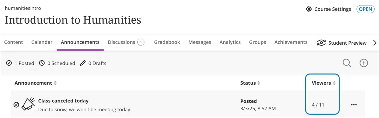 The Viewers column is on the far right, next to Status