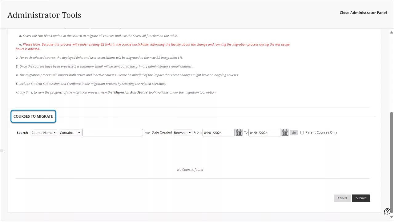 Bottom half of Migrate courses with building block content page with Courses to Migrate option highlighted.