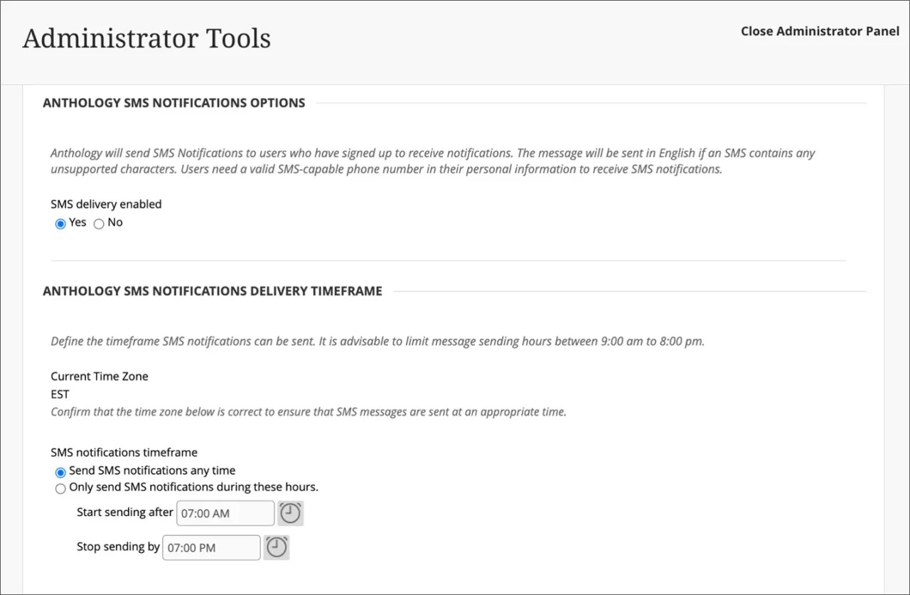 Example of the administrator settings for SMS notifications