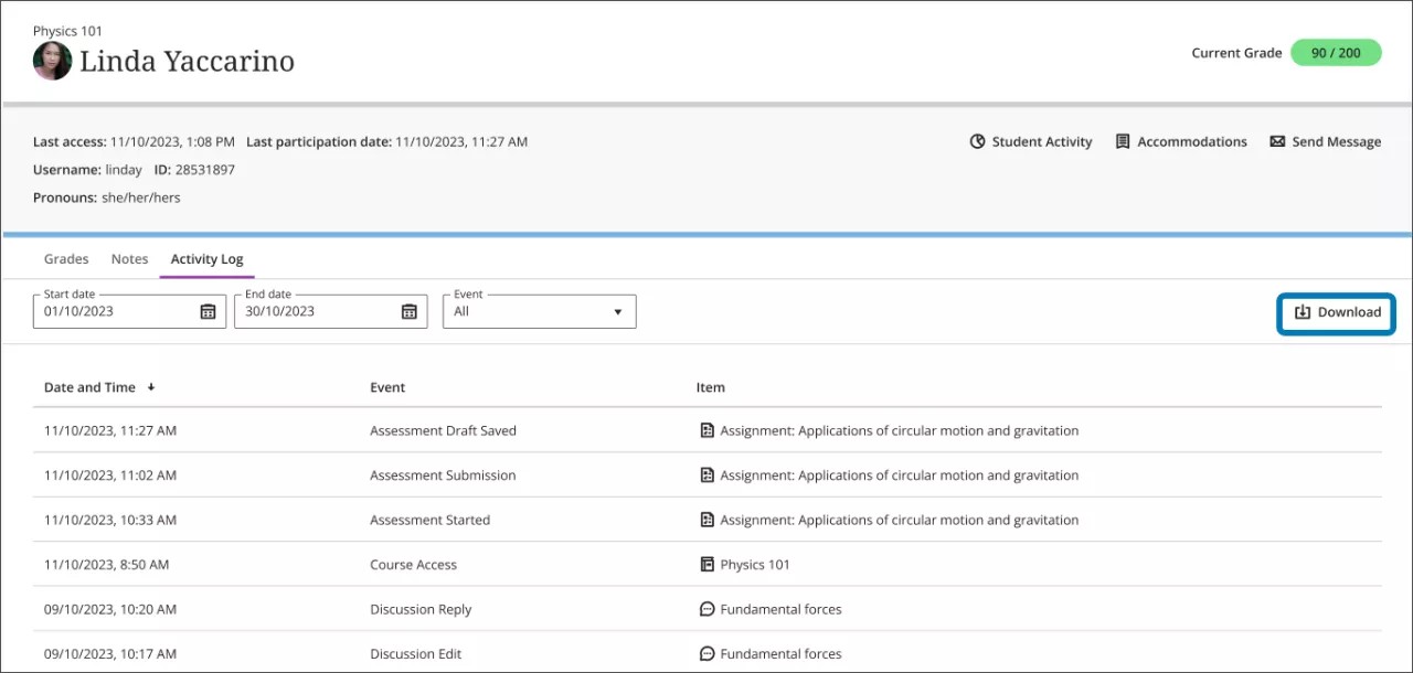 Student Activity Log, with Download button highlighted at top right