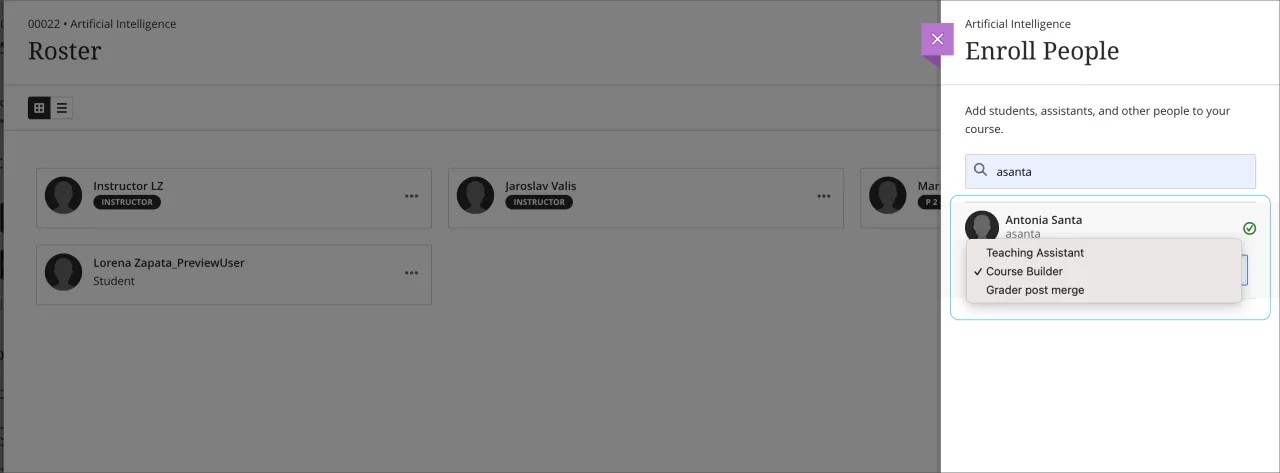 Roster page showing panel with limits on roles that can add to enrollment