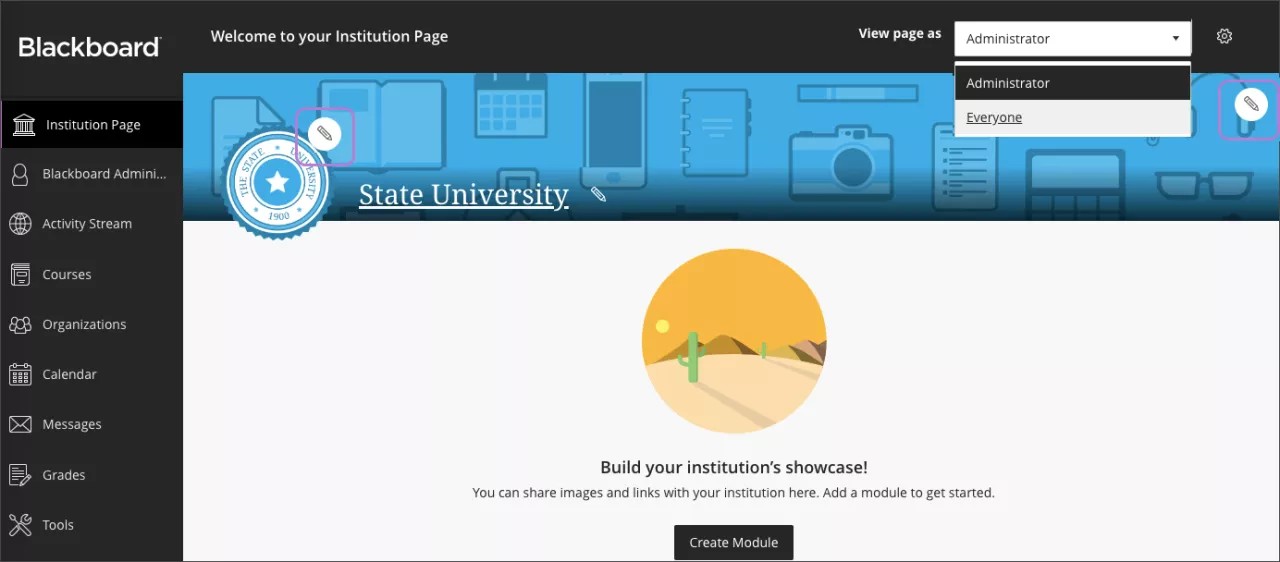 An Institution Page for State University in Blackboard.