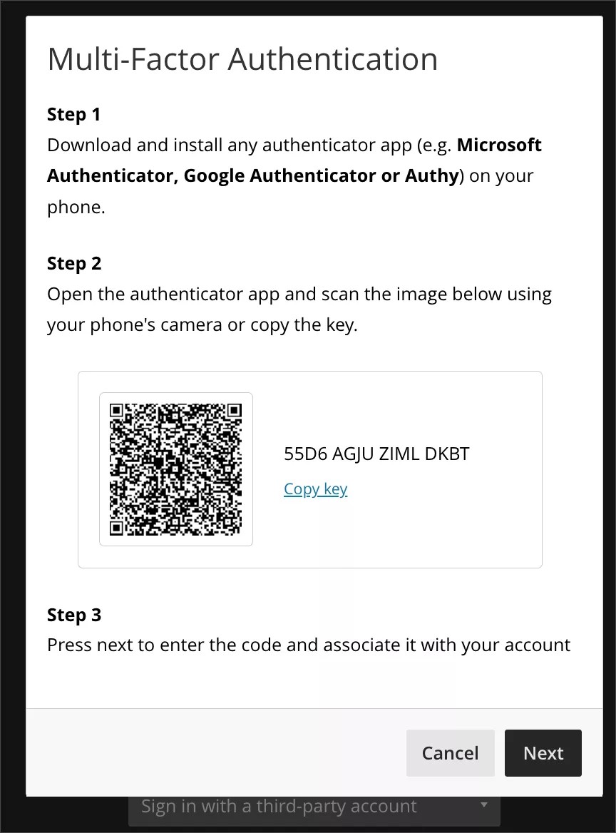 Initial instructions described in the MFA registration process