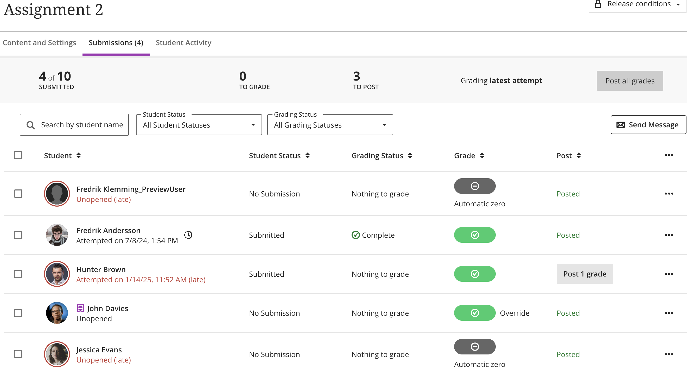 Gradebook submission counts align with the Show/Hide Unavailable Students setting, with unavailable students not affecting the submission count.