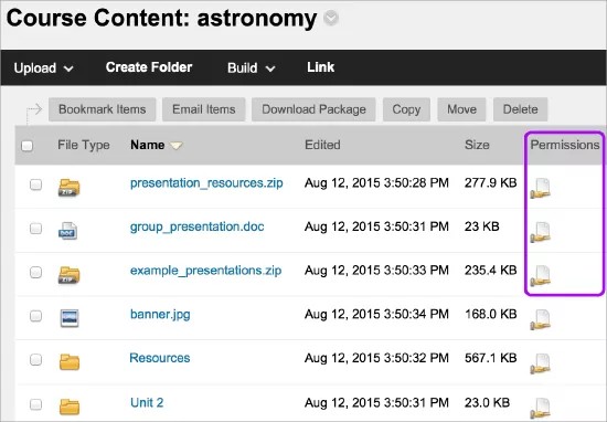 The Course Content; astronomy page. There are several files listed, showing File Type, Name, Edited, Size, and Permissions columns. The Permissions column is highlighted in purple.