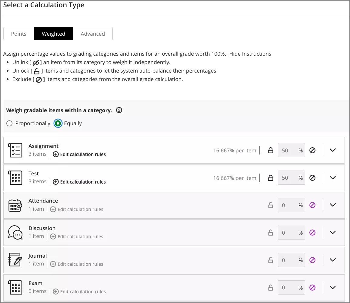 nstructor view of the update weighted calculation interface where the ‘0% per item’ information is removed for excluded categories