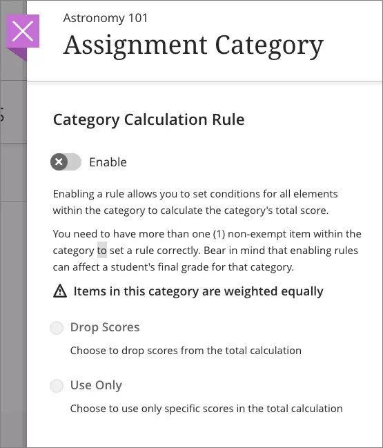 Instructor view of the updated text on the Calculation rule panel