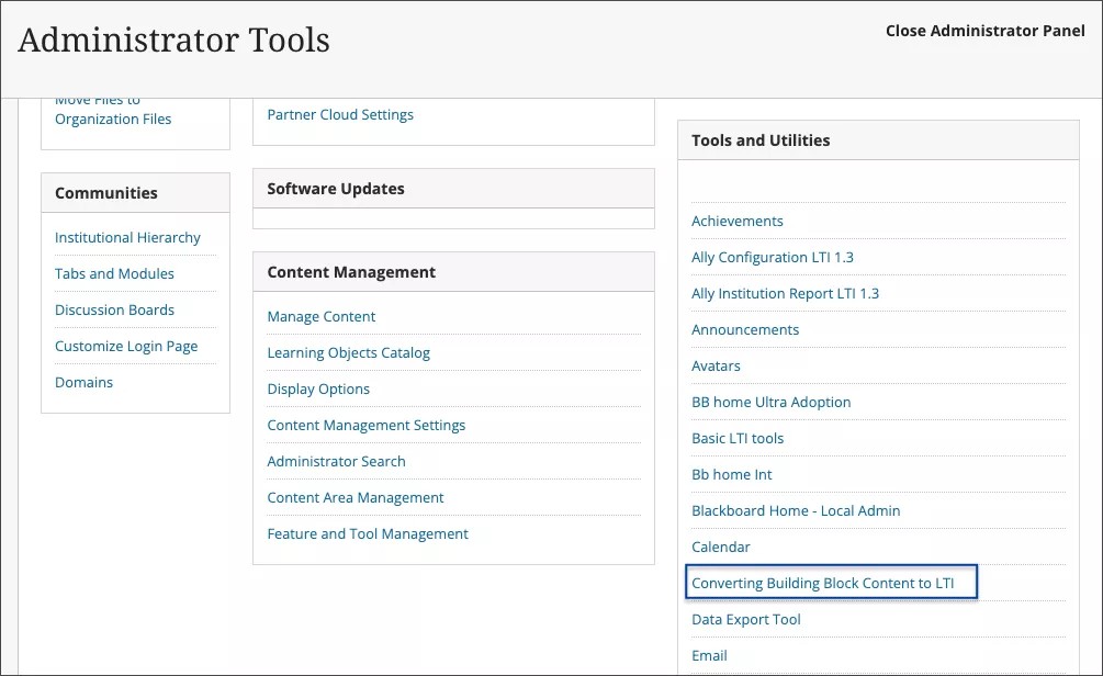 Converting Building Block content to LTI highlighted