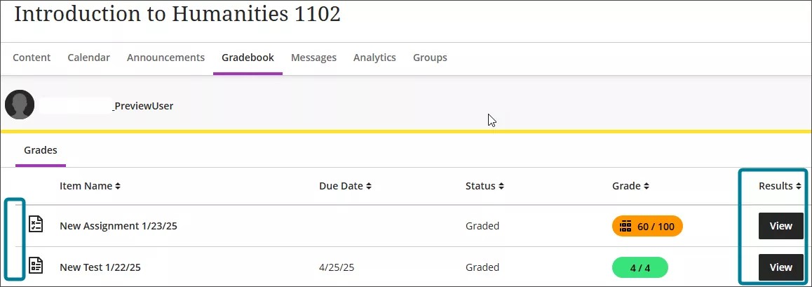 New view of student Gradebook with Review column