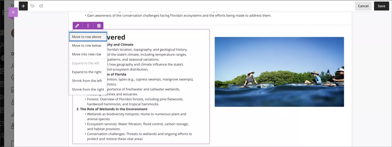 Movement options expanded in a document