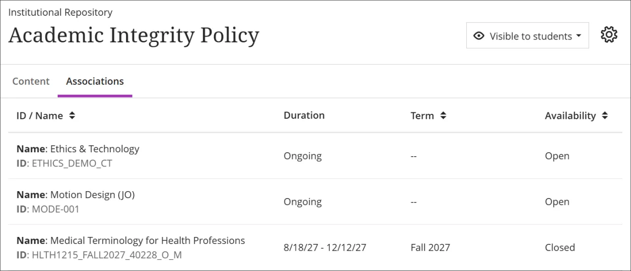 The Associations tab, showing 2 ongoing courses where the term is marked as an Ongoing; and a course with a set term showing that the term is Fall 2027.