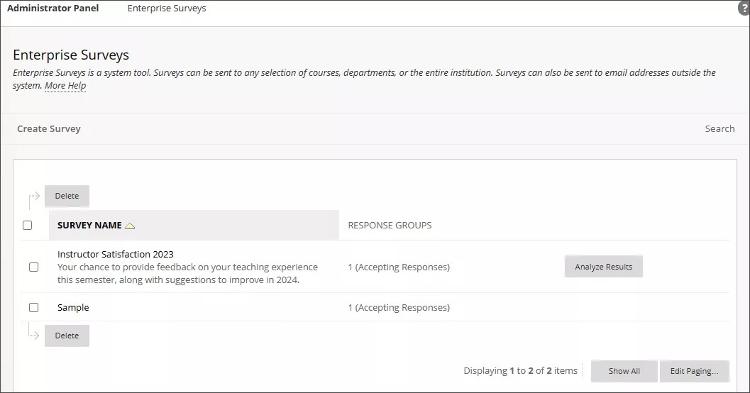 Enterprise Surveys panel, with the Create Survey option at the top