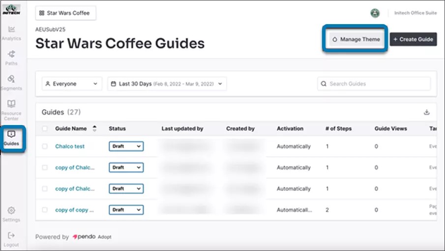 Anthology Adopt Guides page with Guides option and Manage Theme option highlighted.