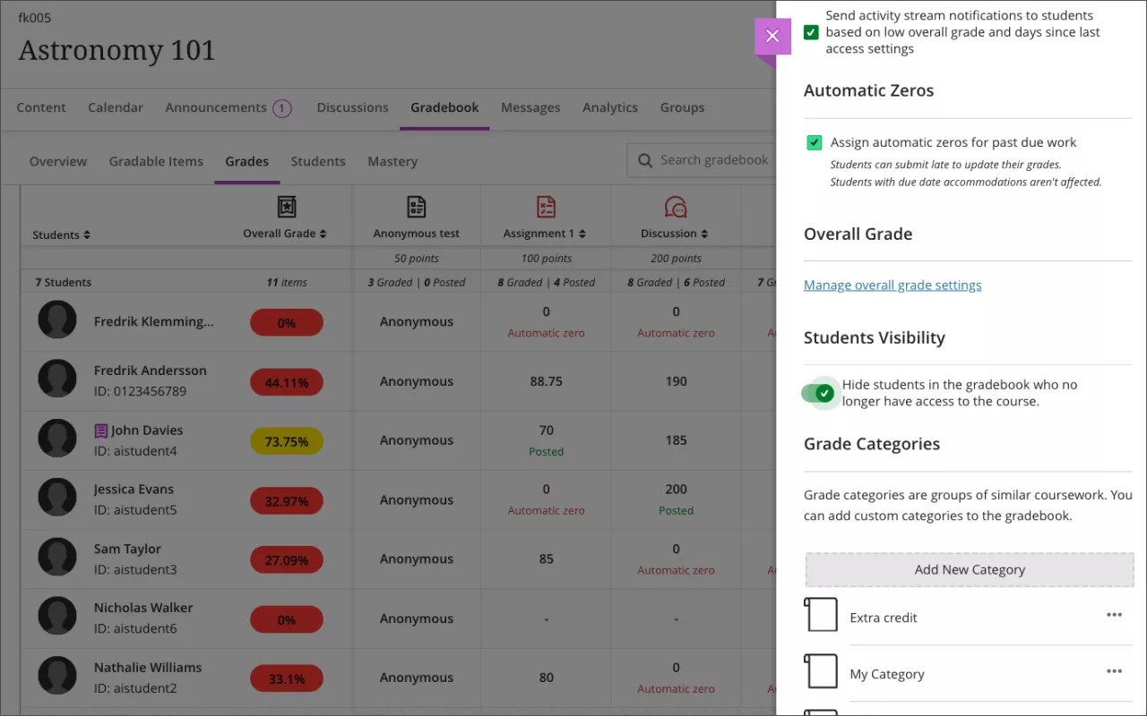 Gradebook settings panel, with the Students Visibility toggle selected