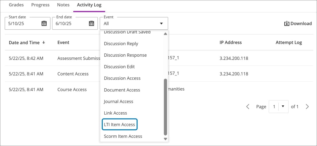 The Activity log, with the Event filter expanded with LTI Access highlighted