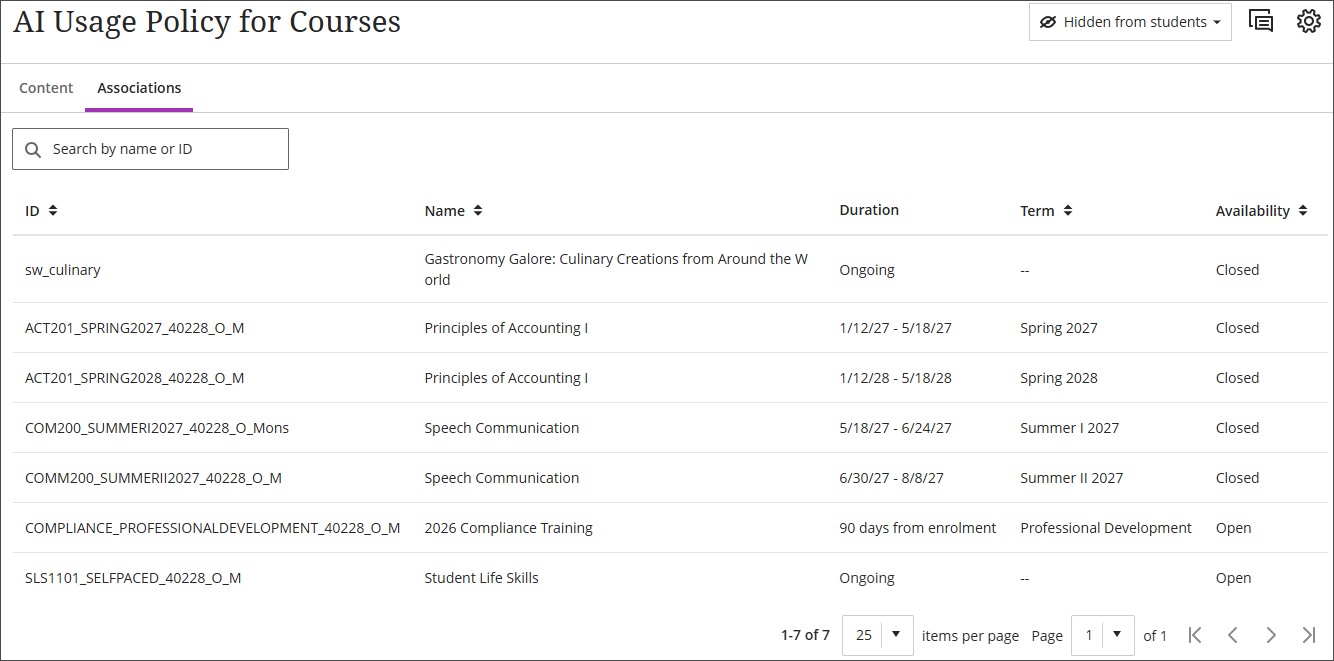 The Associations page has columns for ID, Name, Duration, Term, and Availability and a search field with a magnifying glass that says "Search by name or ID"