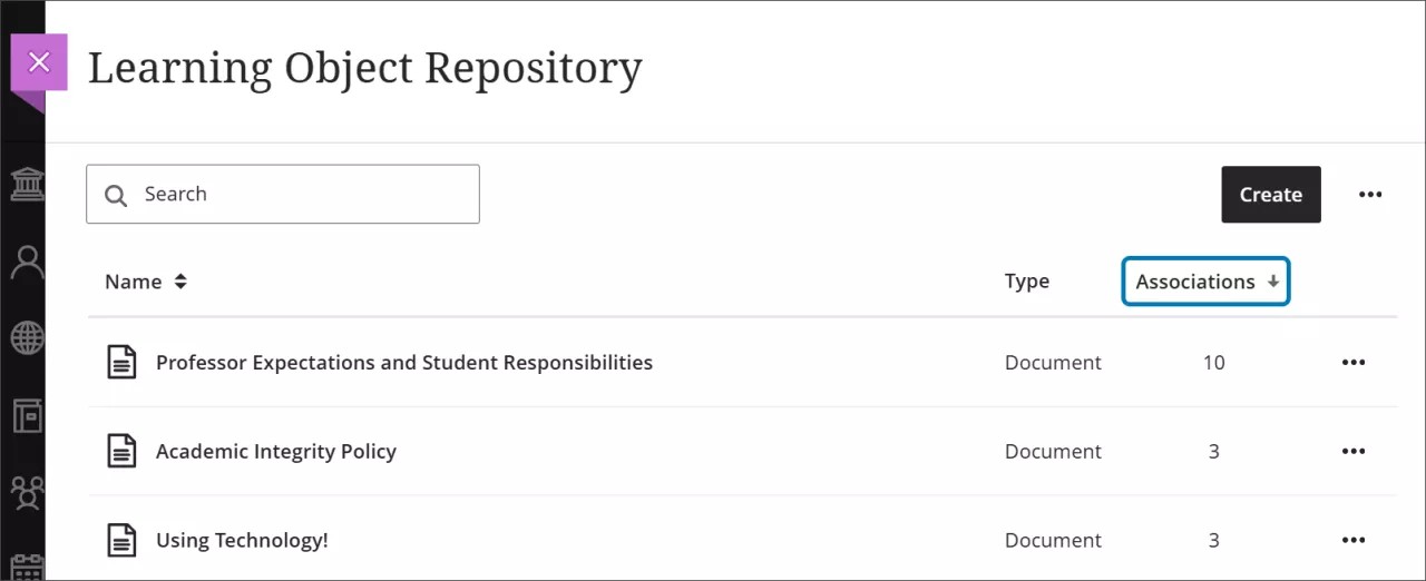The Associations column of the Learning Object Repository is highlighted towards the top right
