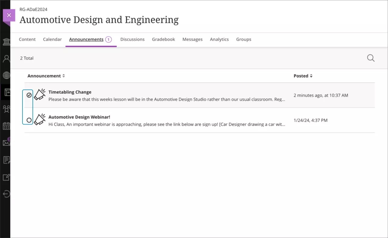 Announcements page with the option to mark as read/unread