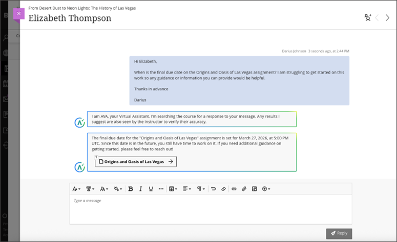 A student message asking about a due date. In the response bubble, AVA answers in two replies.