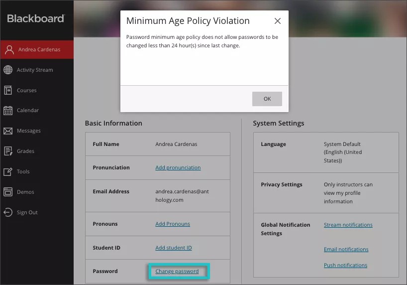 A user is informed when a password cannot be changed because of the password Minimum Age Policy Violation
