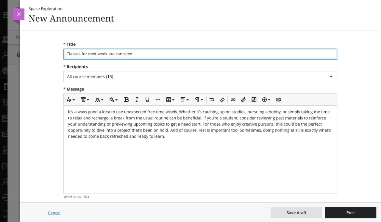 New Announcement page, showing the option to post immediately or save draft