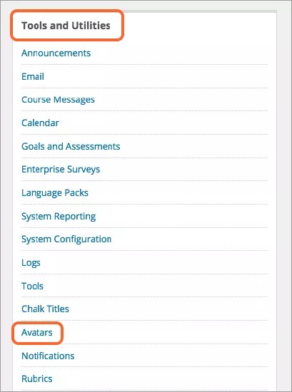 The Tools and Utilities menu, showing the Avatars option highlighted in orange.