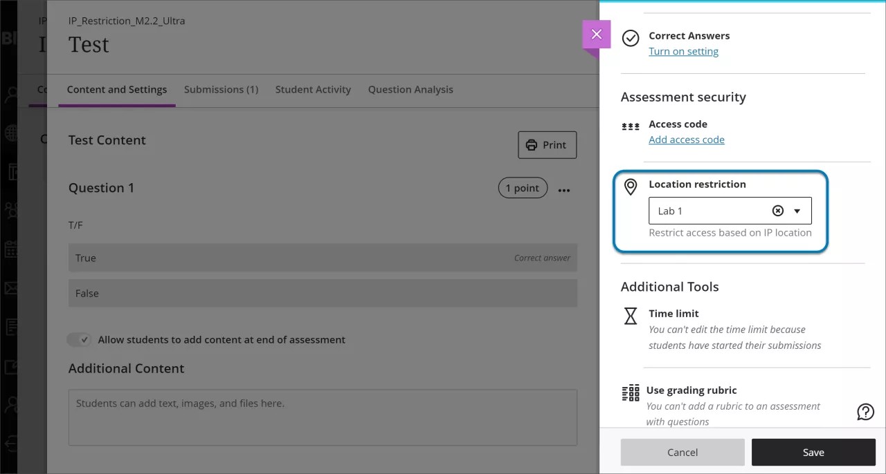 The Assessment Settings panel open for a test. The Restrict Location option is highlighted with a blue box.