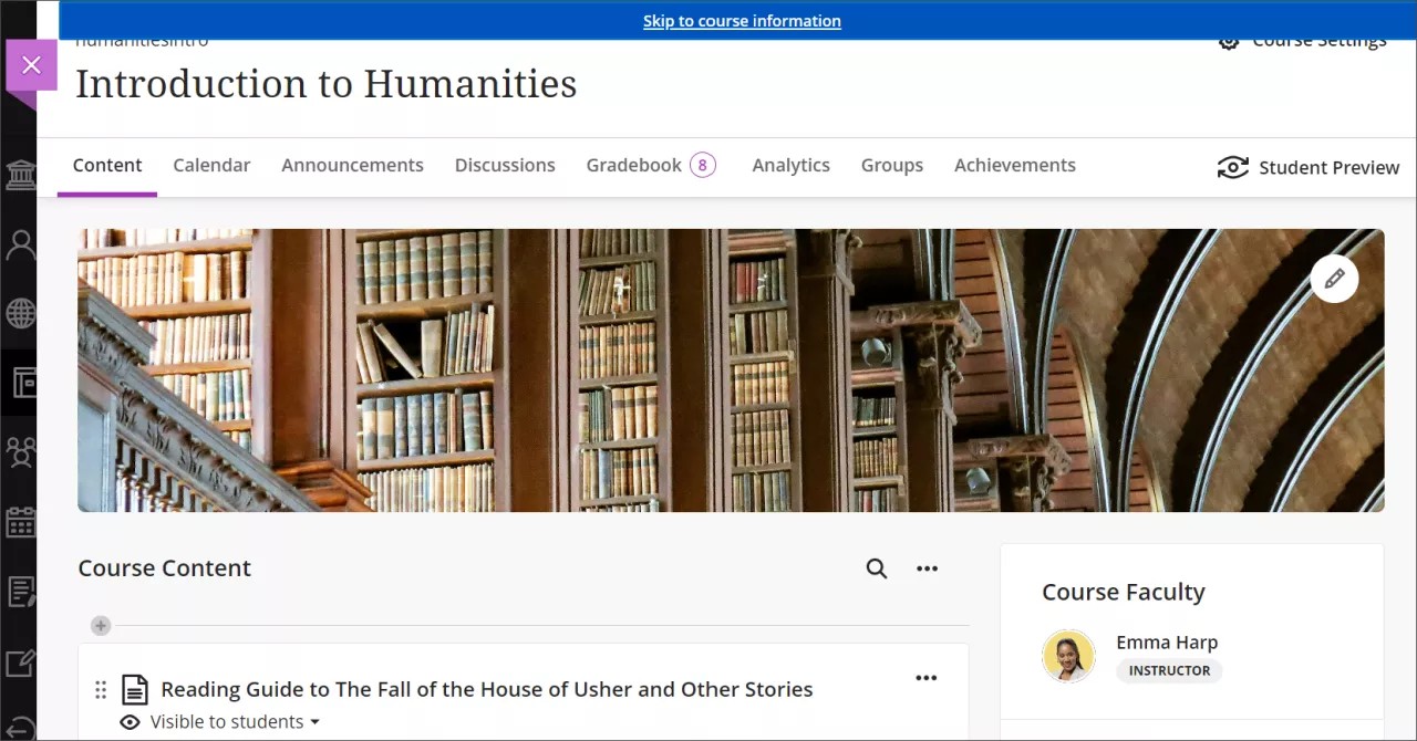 Course Content page, showing a skip link at the top to go directly to course information