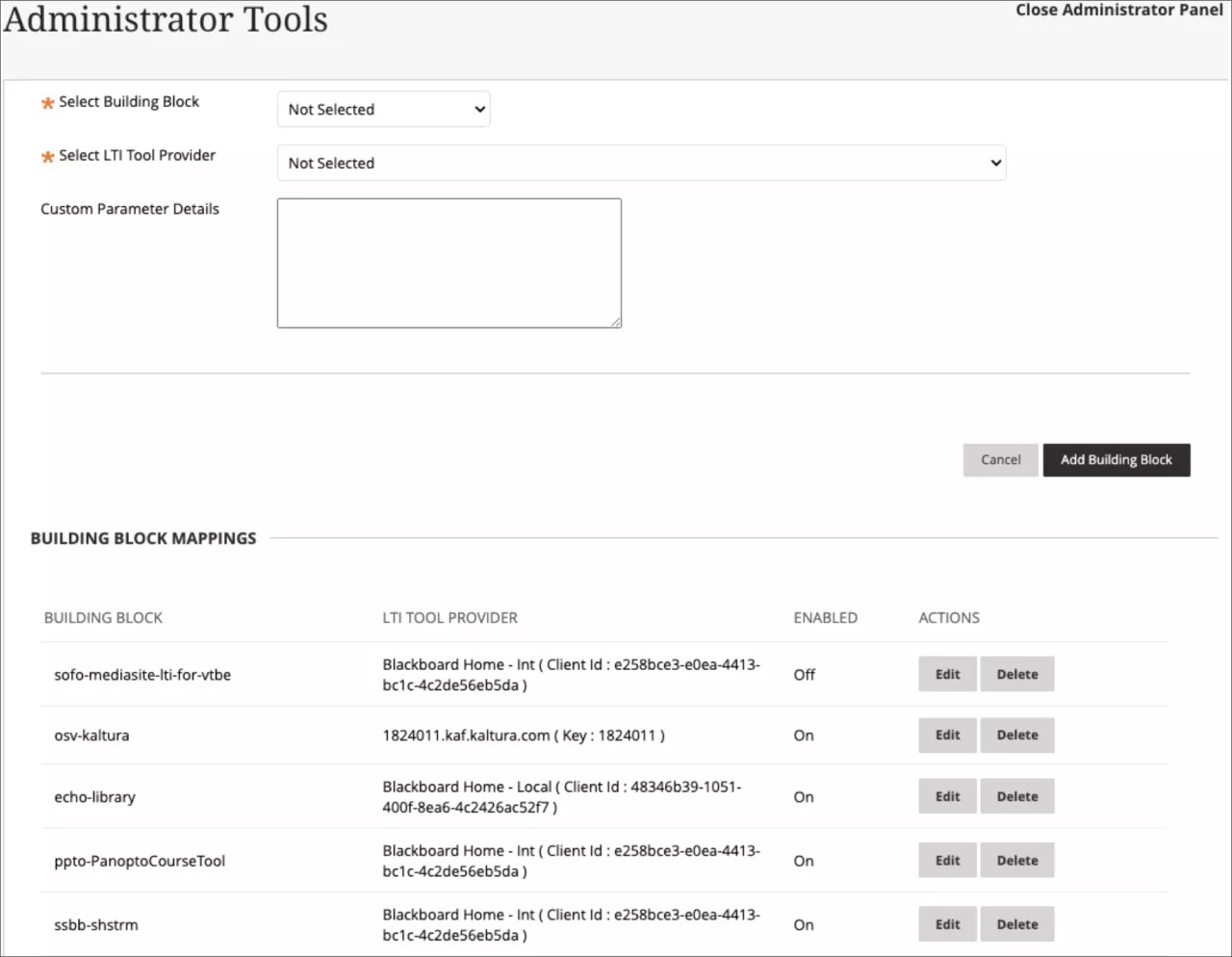 Building block mappings can be viewed and edited.