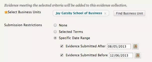 Definition collection options showing the use of a date range; the radio button "Specific Date Range" is selected. Evidence Submitted After is selected and has a date of 08/05/2013 entered and Evidence Submitted Before is selected and has a date of 12/06,/2013 entered.