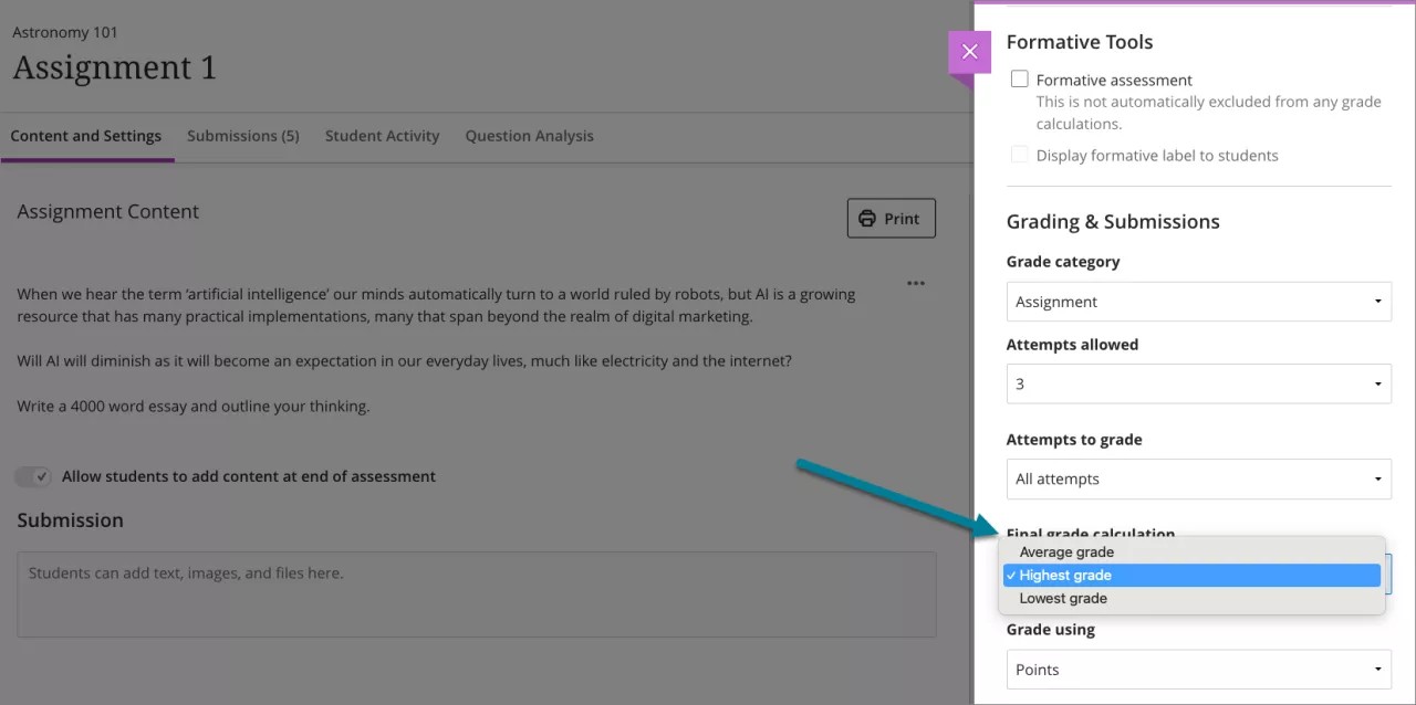 Options available for Final grade calculation setting