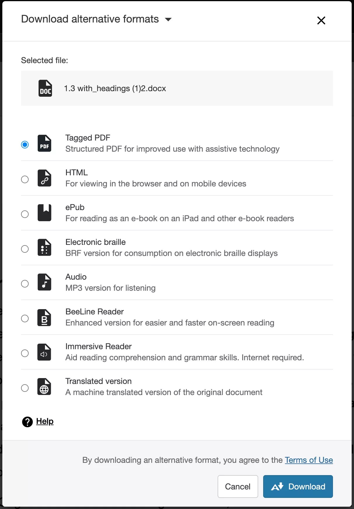 student view of Download alternative formats modal