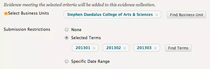 Definition collection options showing the use of terms; the radio button "Selected Terms" is selected and terms 201301, 201302, and 201303 have been added.