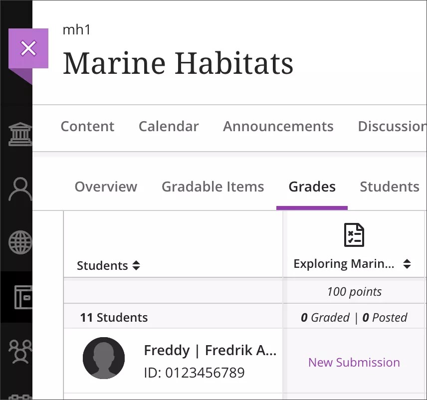 Instructor view of the updated Grades page. The column status displays 0 Graded | 0 Posted and a New Submission label indicating the late submission that needs grading