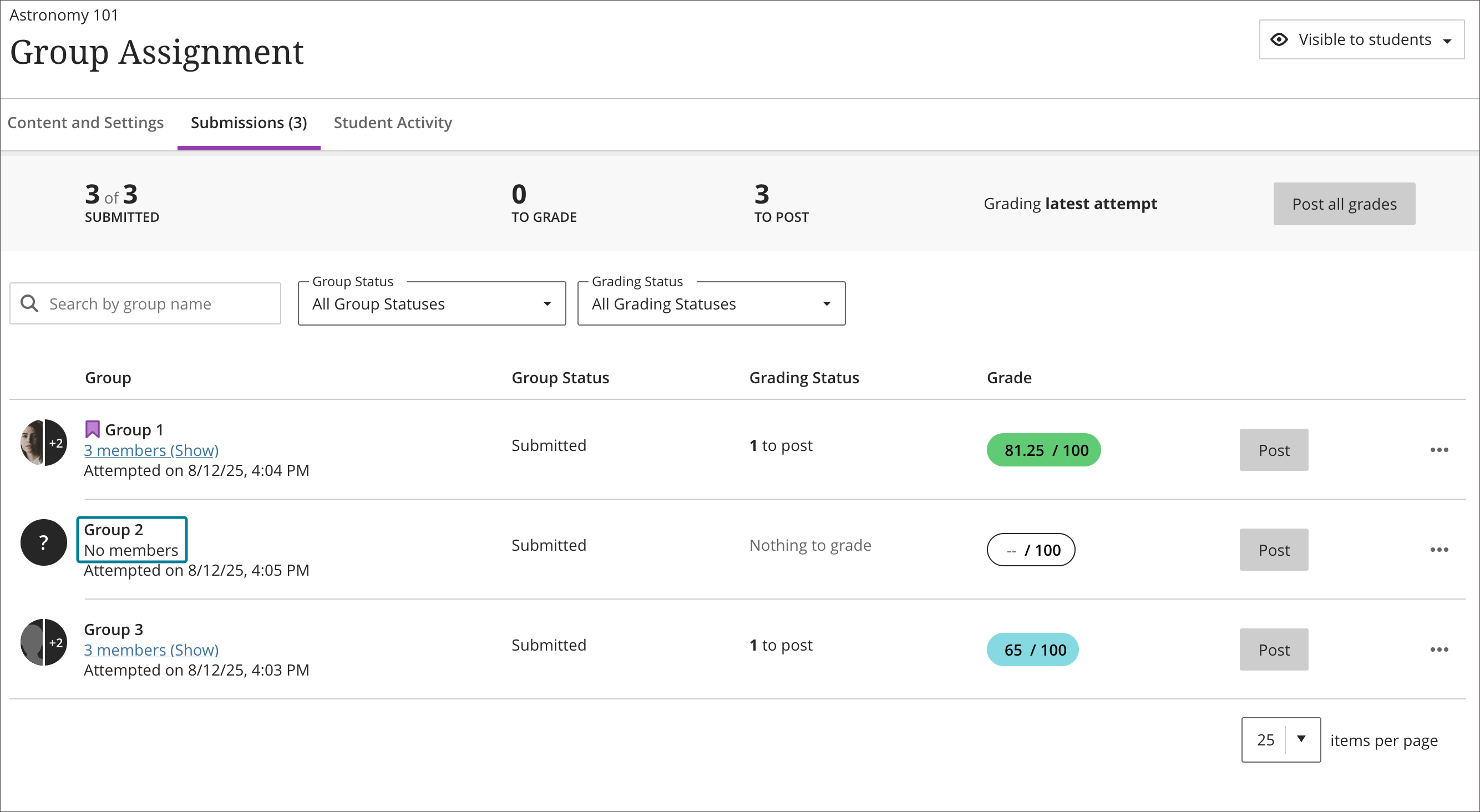 On the Submissions page, a No Members label appears in groups with no members.
