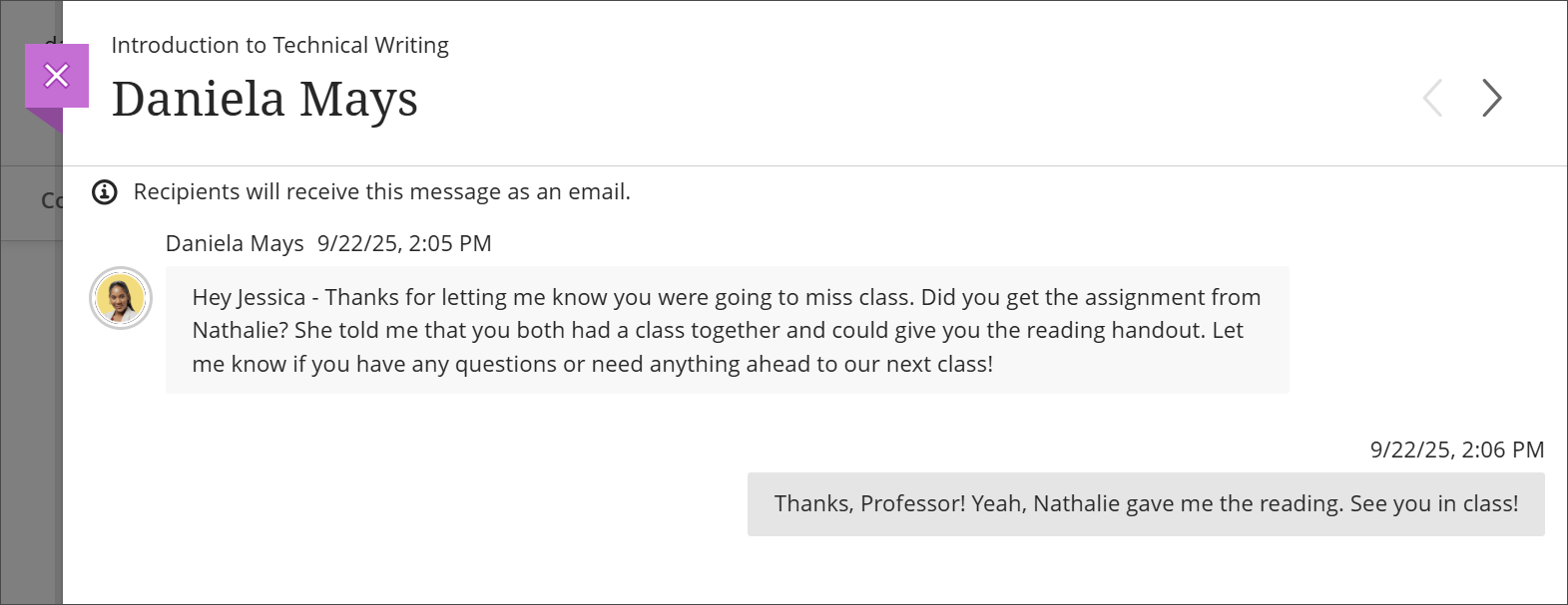 Course Messages page with an instructor messaging a student with a question. The student has sent a reply.