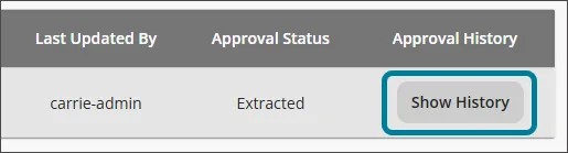 The course level grades approval and transfer screen with Show History button highlighted in blue