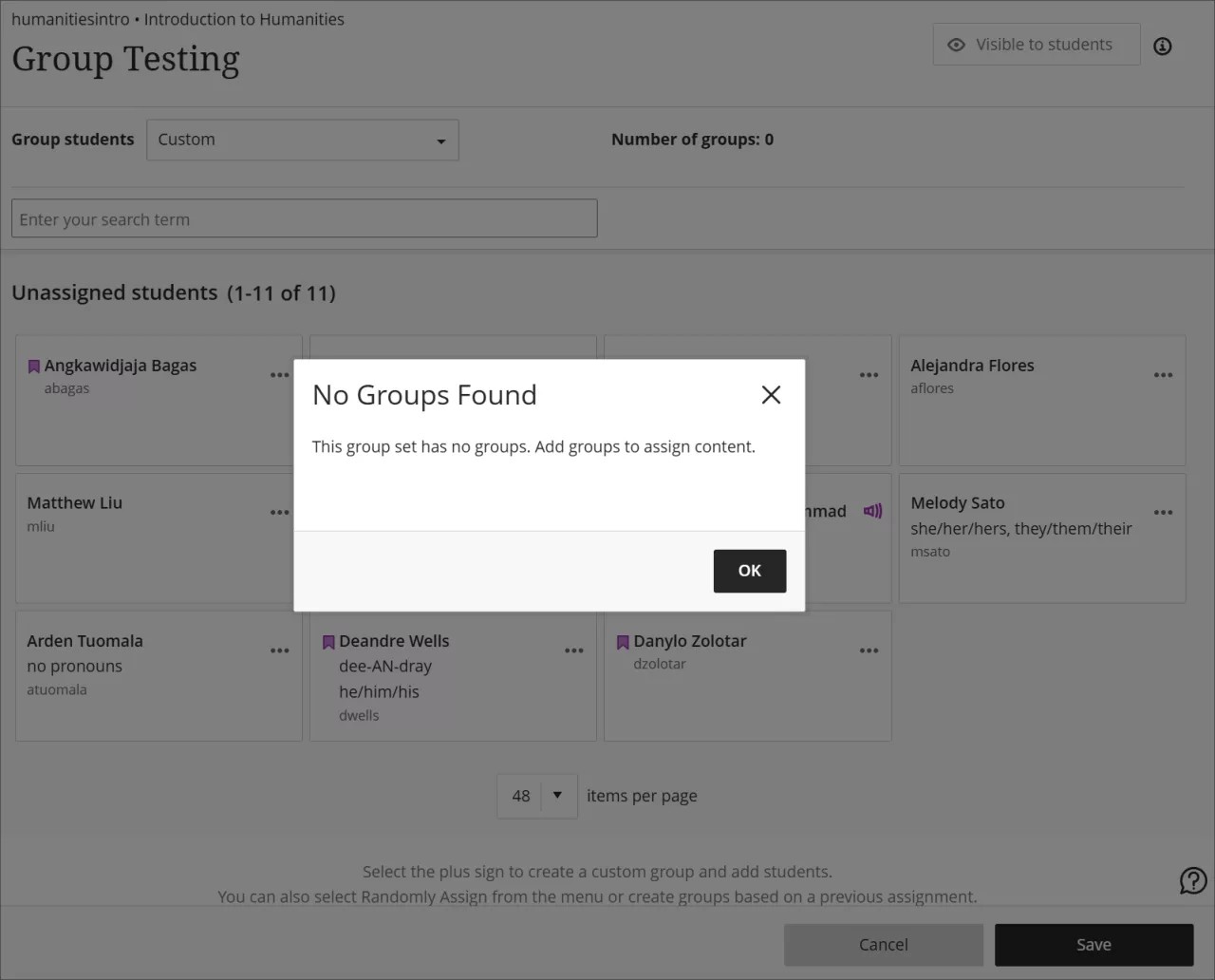 A popup warning message saying "No Groups Found: This group set has no groups. Add groups to assign content."