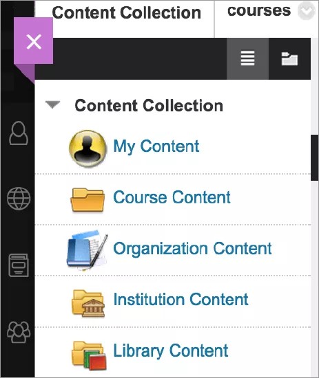 The Content Collection panel, showing My Content, Course Content, Organization Content, Institution Content, and Library Content.