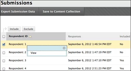 The Submissions page with a list of respondents. The menu for Respondent 1 is expanded to show the View option.