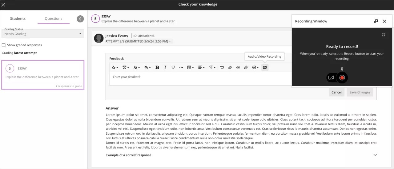 Instructor view of the question feedback recording option when grading a test by question
