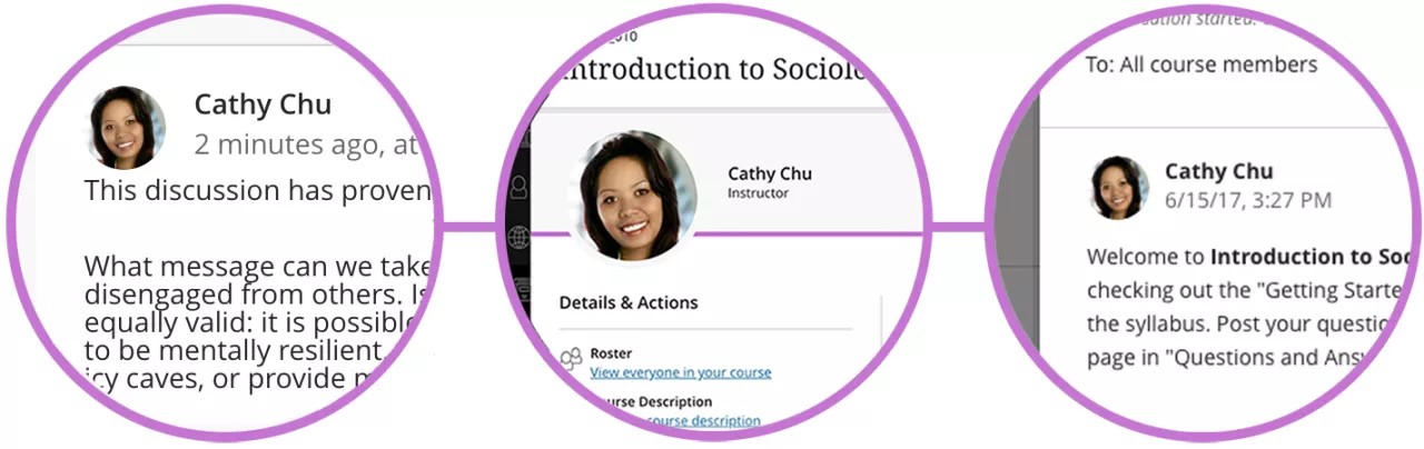 Three circles inside of which show where a user's profile picture appears. The left side image shows the user's profile picture next to their discussion post. The center image shows the user's profile picture above the Details and Actions menu on the Course Content page of Ultra Course View. The right image shows the user's profile picture in a Message addressed to students.