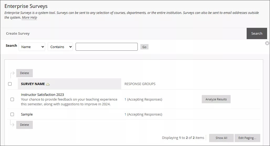 Enterprise Surveys panel, with the Search function at the top