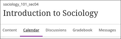 A detail of the title and tabs in a course. The Calendar tab is selected.