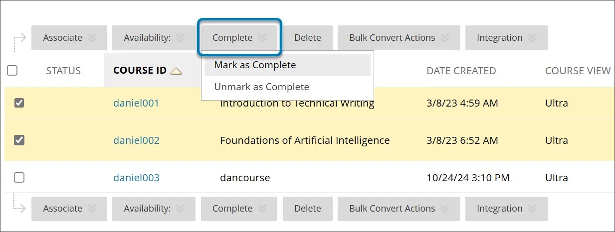 The Courses page in the Administrator Panel. Two courses in a list of three are selected and the Complete dropdown menu gives the option to Mark as Complete or Unmark as Complete